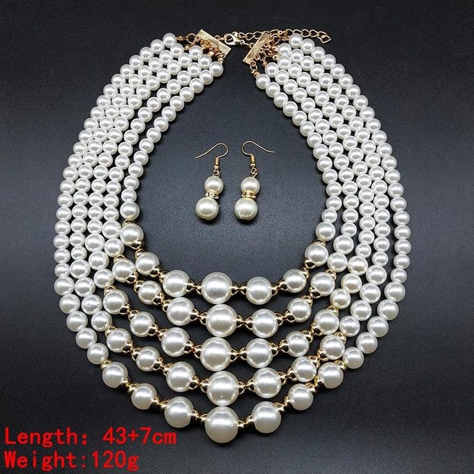 Europa en de Verenigde Staten Overdreven Parelketting Oorbellen Set Mode Meerlaagse Choker Hanger Trui Ketting Diverse Accessoires wit