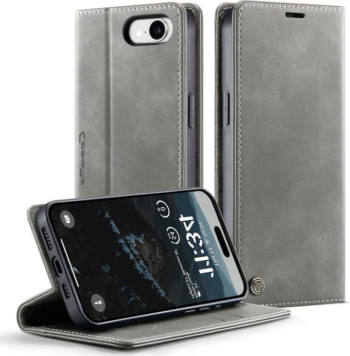 Premium PU Leren Flip Case voor iPhone 16E met RFID Bescherming, Vouwstand en Kaartcompartiment - Grijs