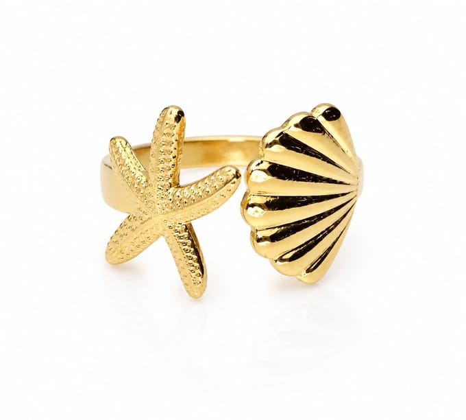 2 Love It Ocean Breeze - Ring - Zeester en schelp - Goudkleurig - Open design