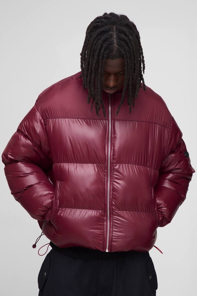 Boxy pasvorm Hoogglans Nylon Mix trechterkraag pufferjas | Burgundy | Size Medium