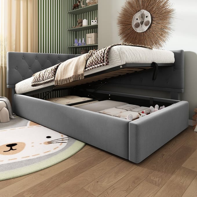 MODFU Bedframe 90x200 cm van fluweel, grijs, met hydraulische opbergruimte en hoofdbord