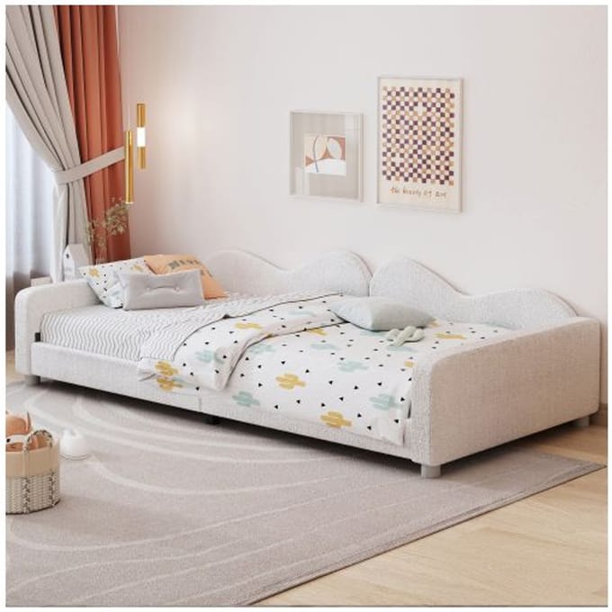 Kinderbed - MUVOE - 90x200 cm - Teddy stof - Flexibel frame - Multifunctioneel wit