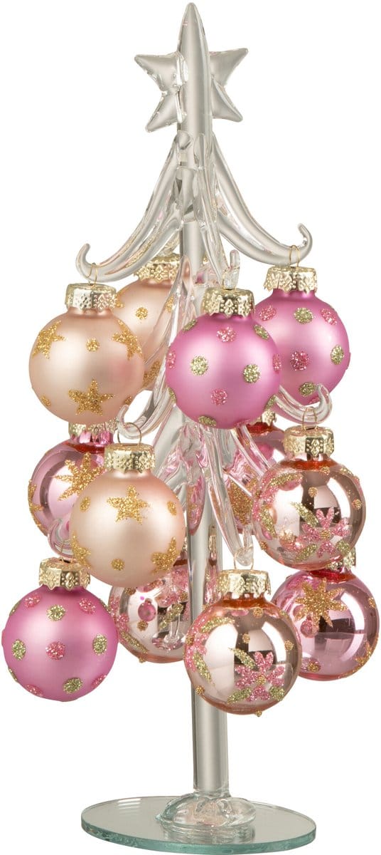 J-Line decoratie kerstboom + Ballen - glas - roze/transparant - small