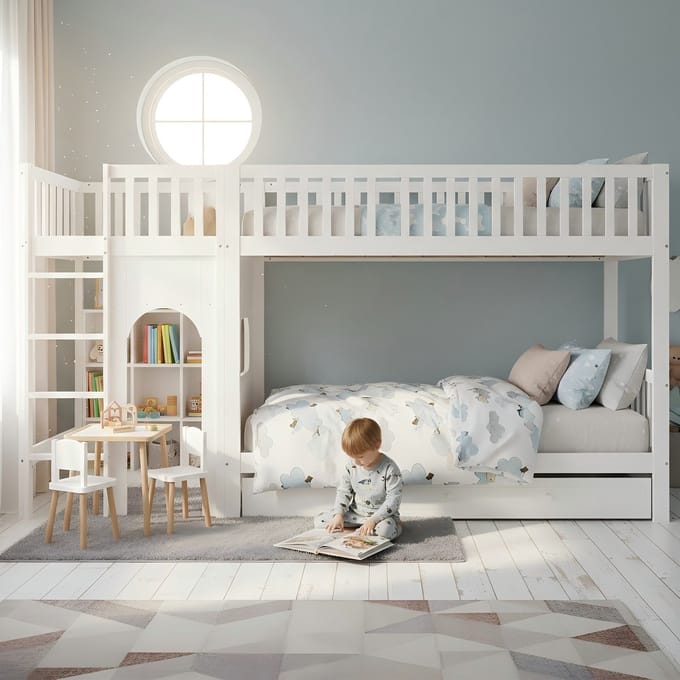 Stapelbed - 90x200 cm - Met Rechte Ladder En Hekwerk - DIY Ruimte - Hout - Wit