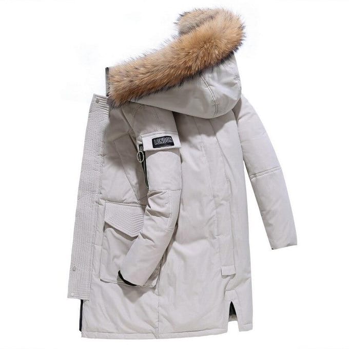 -30 graden winter donsjack heren wit eendendonsjack mode capuchon bontkraag jas halflange dikke warme dons parka L gray