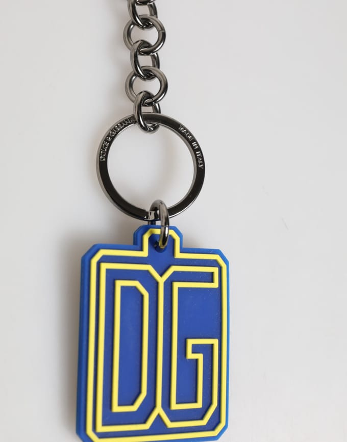 Blauwe Gele DG Rubber Logo Zilveren Mannen Sleutelhanger Sleutelsring