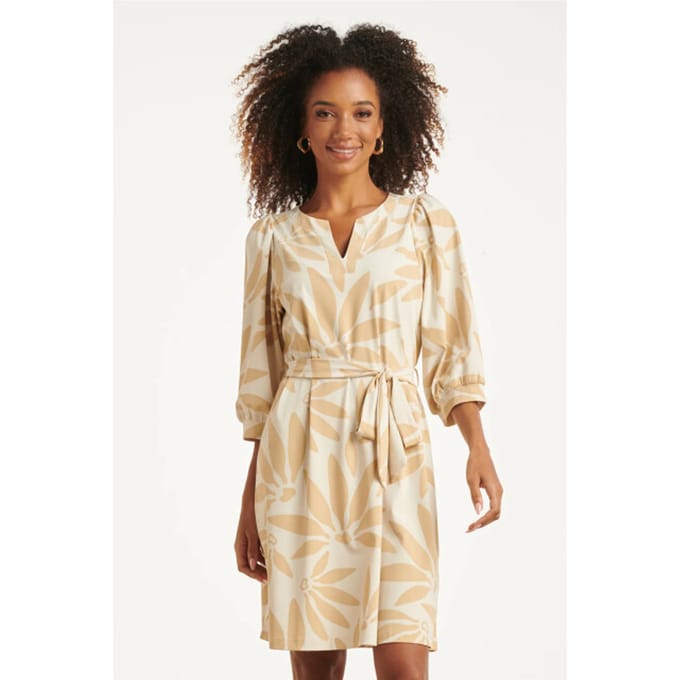 Smashed Lemon Jurk met beige bloemenprint in travelstof |
