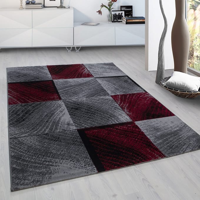 Flycarpets Marlon Vloerkleed Geblokt - Laagpolig - Rood / Grijs - 120x170 cm