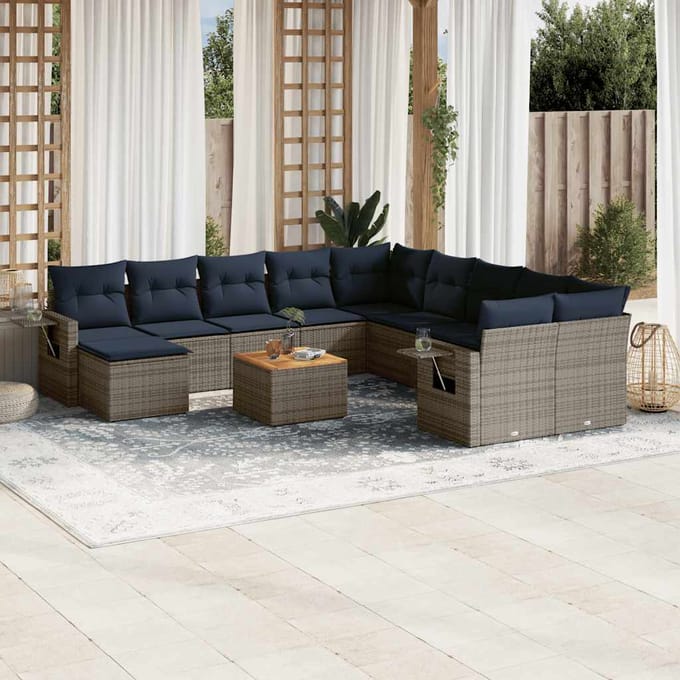 vidaXL - 12-delige - tuinbankset - met - kussens, - grijs - polyrotan