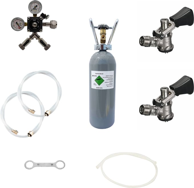 Accessoirepakket voor biertap 2-kraans - met 2x Fustkoppeling Type D en CO2-fles 2 kg