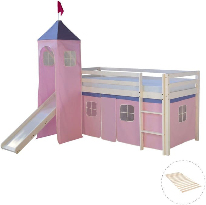 Homestyle4u Hoogslaper - 90x200 cm - wit - met lattenbodem - roze