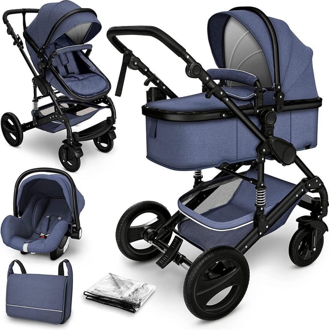 Kinderwagen 3 in 1 - met luiertas - Blauw/Zwart