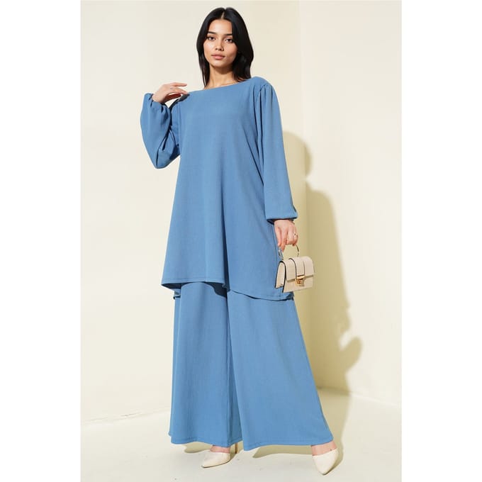Gestructureerde Tuniek met Lange Mouwen en Wijde Broek Set