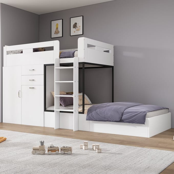 MODFU - Hoogslaper – 90x200 cm – Met uitschuifbaar bureau & kledingkast – MDF – Wit/Zwart