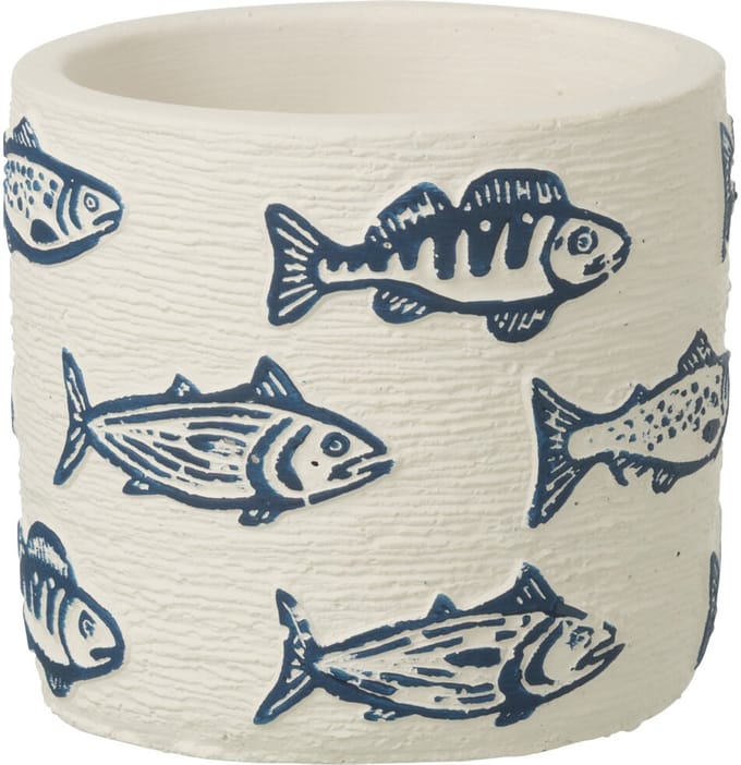 J-Line bloempot Vis Rond - cement - wit/blauw - small - 2 stuks