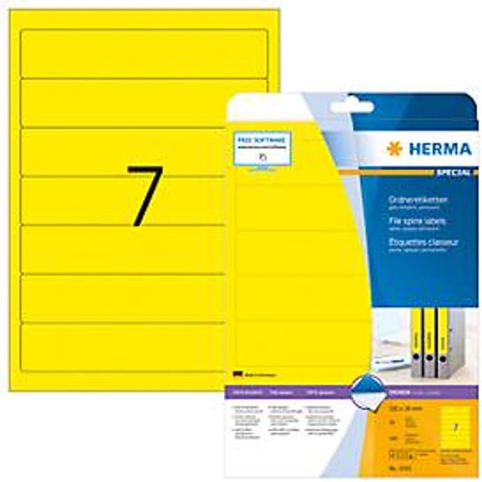 Herma ordneretiketten A4, 192 mm lang, permanent hechtend/bedrukbaar, 140 stuks, geel