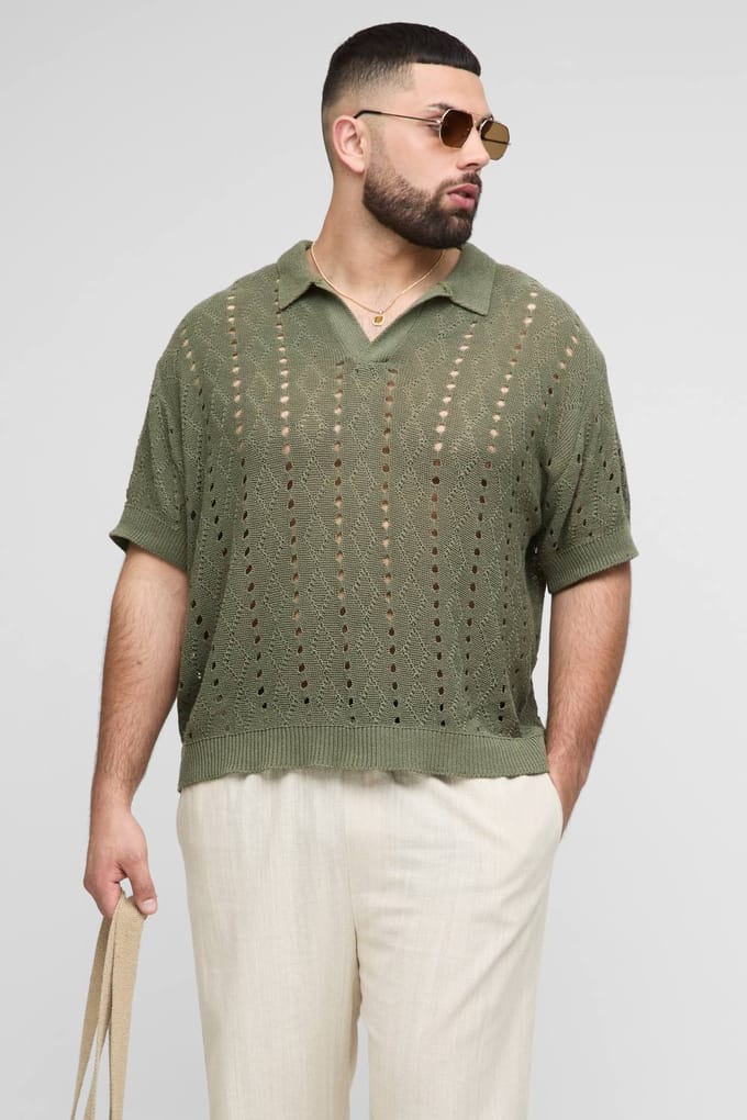 Plus Boxy Oversized Stripe Open Knit Polo T-Shirt | Khaki | Size 2XL
