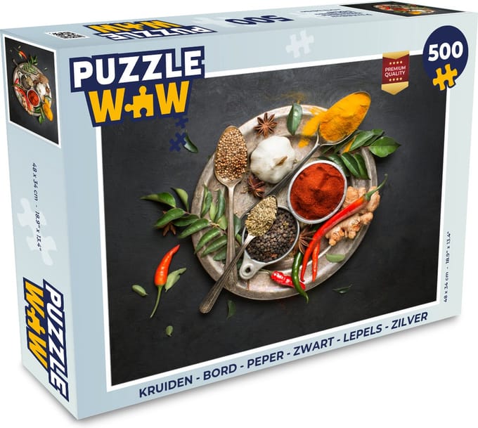 Puzzel Kruiden - Bord - Peper - Zwart - Lepels - Zilver - Legpuzzel - Puzzel 500 stukjes