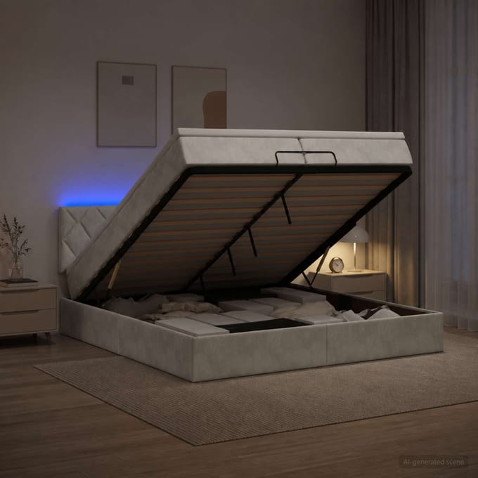 vidaXL - Ottomaanse - Bed - met - Matras - en - LED - Lichtgrijs - 200 - x - 200 - cm