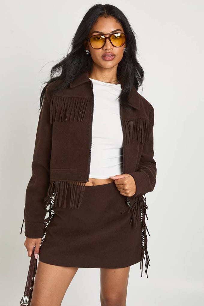 boohoo Dames Tassel Wool Look Minirok | Chocolate | Maat: 12