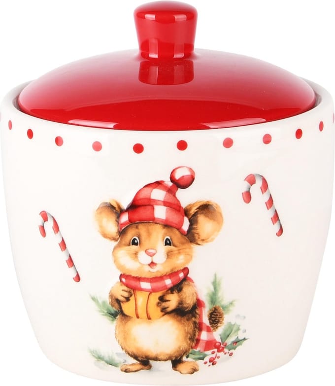 Dekoratief | Bewaarpot m/muis, dolomiet, wit/rood, 12x12x13cm | A245034
