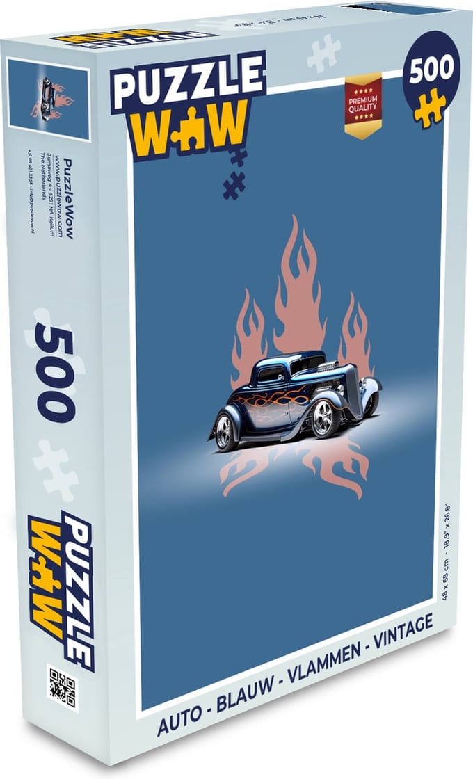 Puzzel Auto - Blauw - Vlammen - Vintage - Legpuzzel - Puzzel 500 stukjes