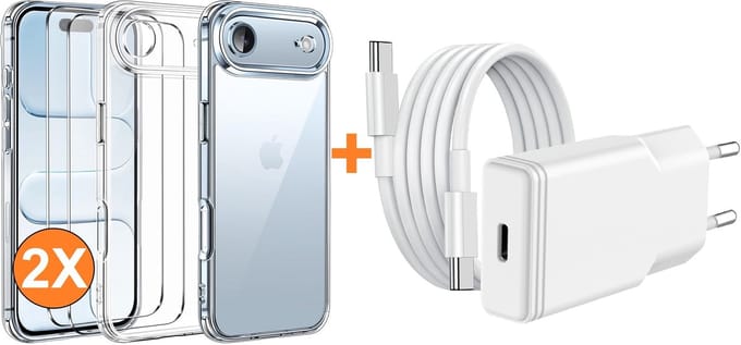 USB C Adapter - USB C Oplader 20W Met USB C Kabel 1M - Hoesje Geschikt voor iPhone 17 Air transparant Anti Shock silicone met 2x screenprotector- Ntech COMBI-SET