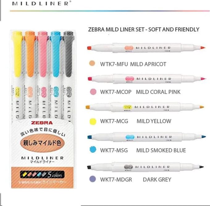 Zebra Mildliner Double Sided Tekstmarker - Fine & Bold - Friendly Colors - Set van 5 + een Zipbag