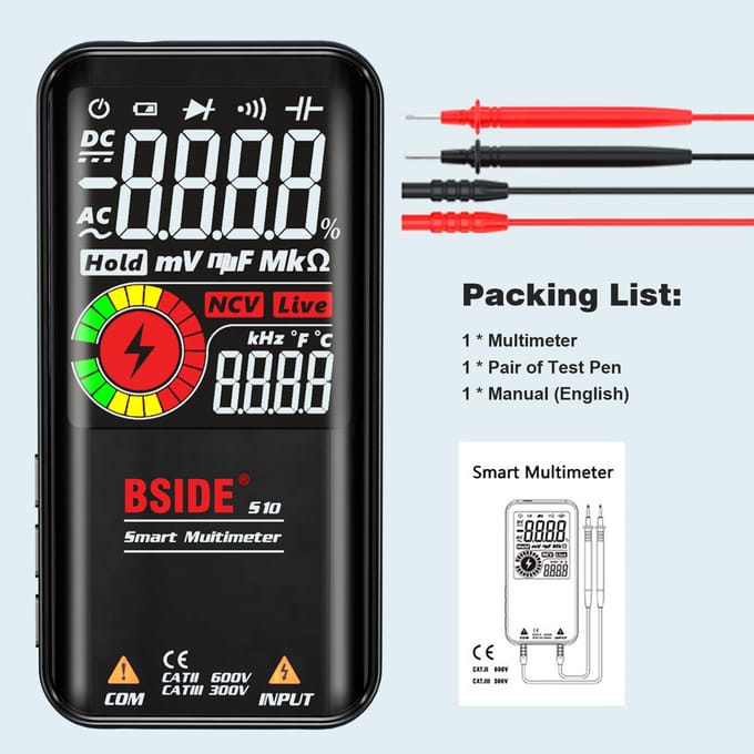 BSIDE S10 Intelligente 9999 Counts Multimeter Digitaal LCD-scherm AC/DC Voltmeter Ohmmeter Test zwart