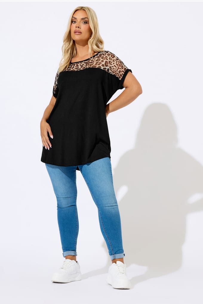Yours Zwart Luipaard Mesh Paneel Top Size 50-52