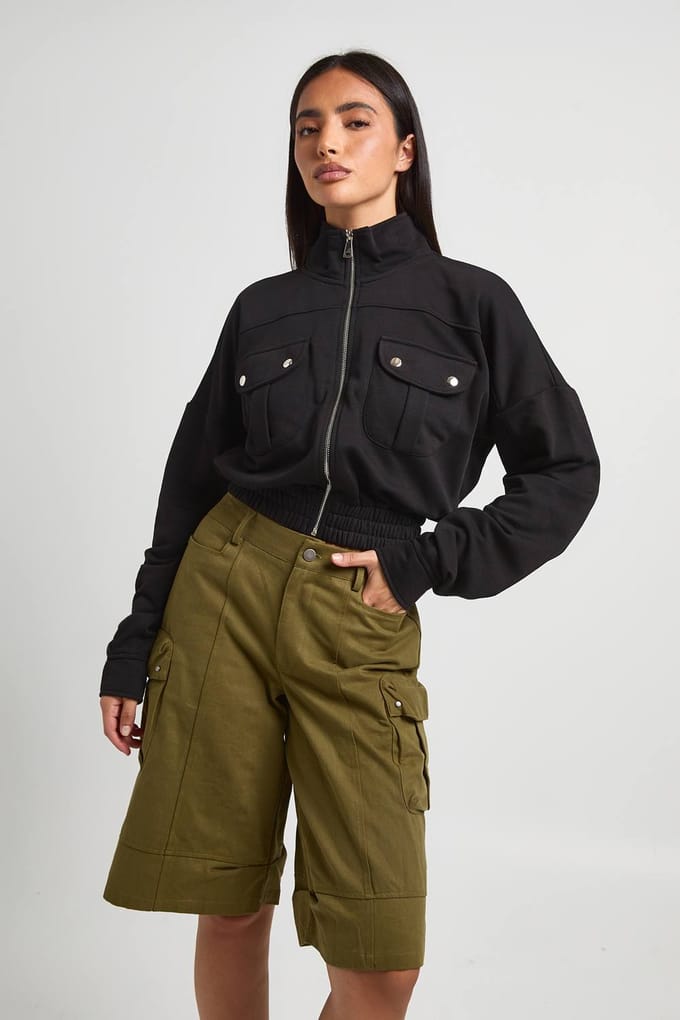 boohoo Dames Bomberjack met zakdetails | Zwart | Maat: 44