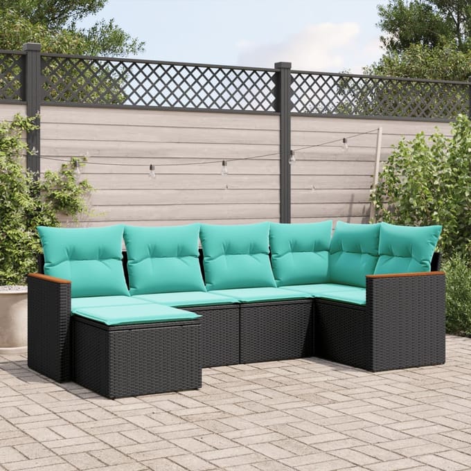vidaXL - 6-delige - tuinbankset - met - kussens - van - zwart - polyrotan