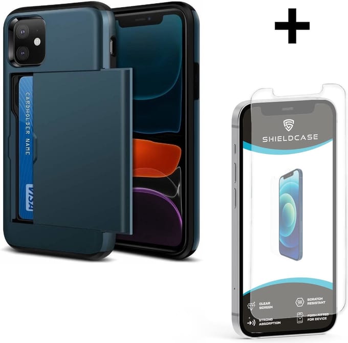 ShieldCase Kaarthouder case met slide geschikt voor Apple iPhone 12 Mini - hoesje met ruimte voor pasjes - pasjeshouder - hardcase - blauw + glazen Screen Protector