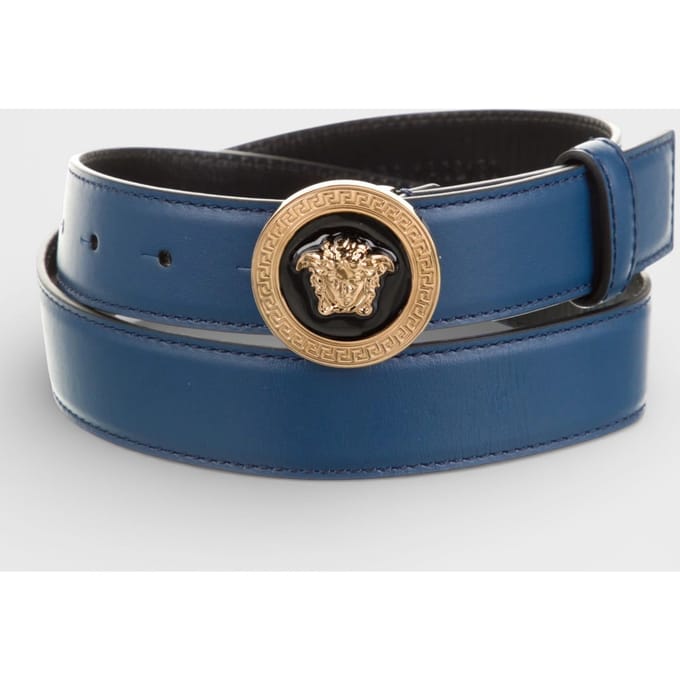 Versace Medusa Leren Riem, Marineblauw en Zwart