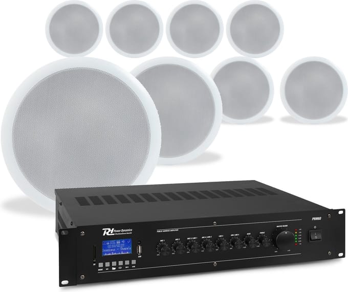 Power Dynamics Plafondspeaker set met 8 witte inbouwspeakers - 100V - Inclusief Bluetooth - 5 inch