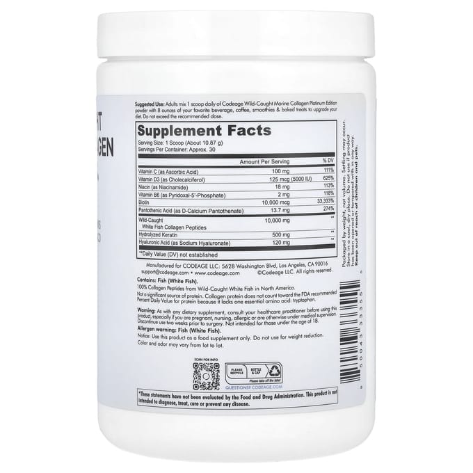 Codeage, Natuurlijk Marien Collageen Peptiden Poeder, Platinum, Ongezoet, 11,5 oz (326 g)