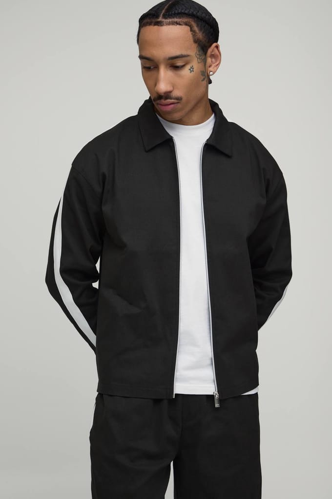 Twill Contrast Tape Oversized Boxy Zip Up Overshirt & Balloon Trouser Set | Charcoal | Size Medium