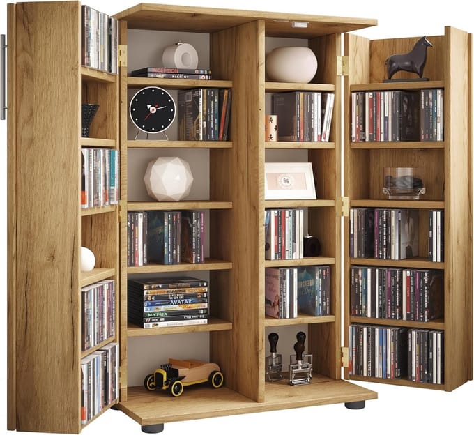 CD DVD Kast - Media Opberger - Ruimte Besparen - Afsluitbare Deuren - H93xB60xD31cm - Eiken