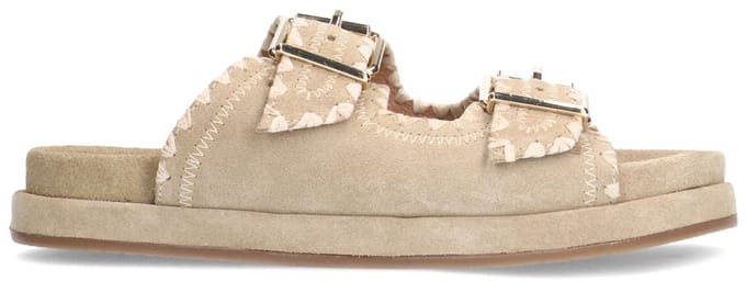 Manfield - Dames - Beige suède slippers met witte details - Maat 36