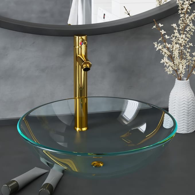 vidaXL - Wastafel - met - kraan - en - pop-up - afvoer - gehard - glas - transparant