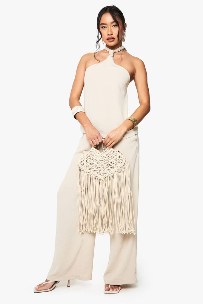 boohoo Dames Geweven gehamerde knoop tie-cami | Stone | Maat: 10