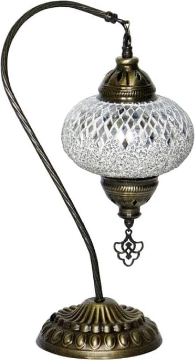 Turkse Lamp Tafellamp Boogmodel Mozaïek Marokkaanse Handgemaakt Wit zikver
