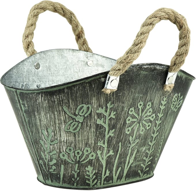 Bloempot met handvatten, tas, metaal, jute, 19×13,5×13,5 cm