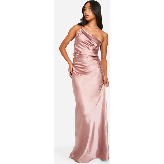 boohoo Dames Bruidsmeisje Satijn Asymmetrische Maxi-Jurk | Nerts | Maat: 44