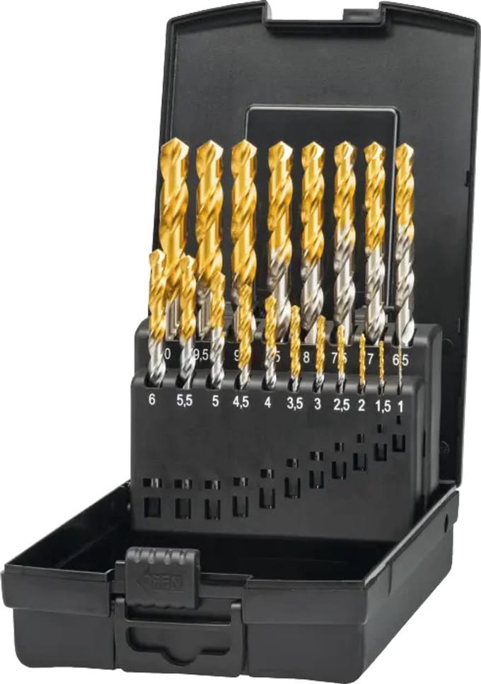 Phantom HSS-E set spiraalboren, TiN-tip‚ met drievlaks schacht: 1-10 oplopend met 0‚5 mm