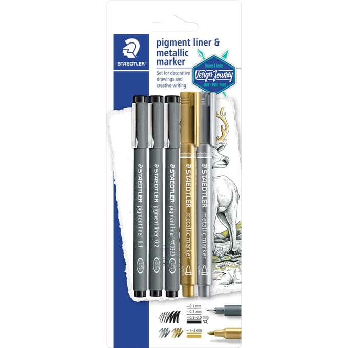 STAEDTLER Design Journey - pigment liner set 3 stuks + 2 metallic markers