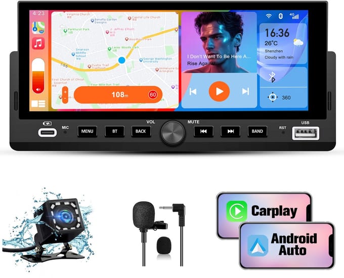 Hexinex 1DIN Autoradio - 6.86 inch scherm - met Draadloze Carplay & Android Auto - BT 5.2 - USB/USB-C + Achteruitrijcamera + Externe microfoon