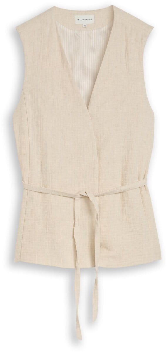 Tom Tailor - Crinkle blazer-vest met linnen - Maat 46 - sand stone beige melange