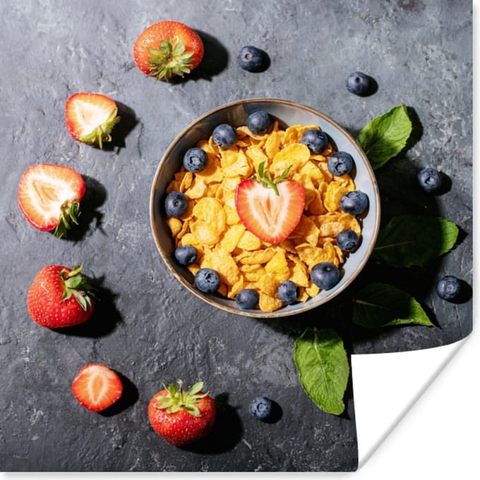 Poster Aardbei - Cornflakes - Bes - Kruiden - 50x50 cm