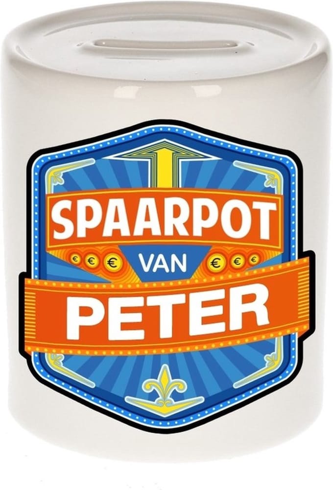 Bellatio Decorations Kinder spaarpot met naam - Peter - keramiek - met dop - wit - Sparen - Spaargeld van Peter
